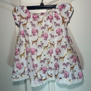 Maggie & Zoe Dress Girls 12M White Pink Puff‎ Sleeve Lace Animals Giraffe Zebra